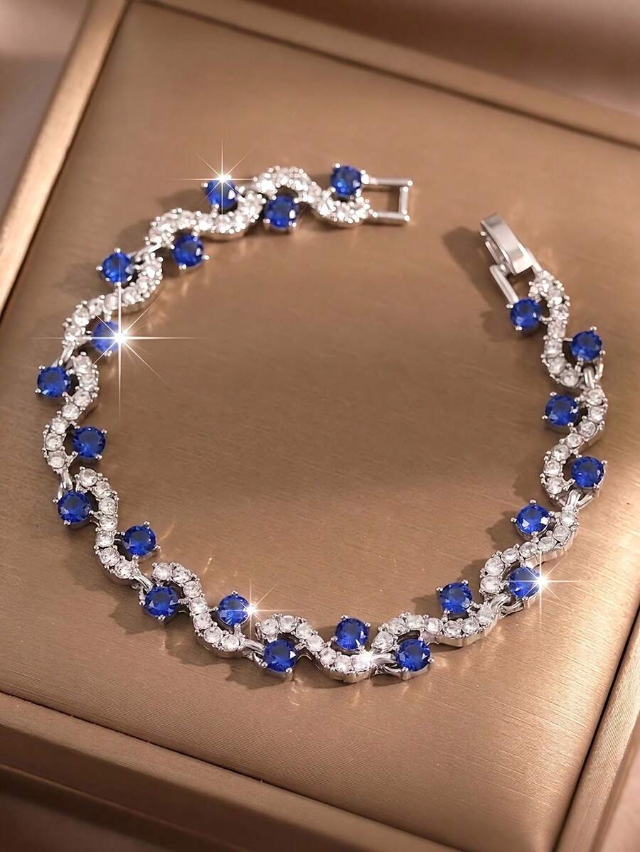 1pc Minimalist Round Cubic Zirconia Wrapped Royal Blue Design Women's Bracelet, Silver-Plated Multicolor Jewelry, Party Wedding Accessory, Anniversary Birthday Gift For Girlfriend - Bracelet - View 1