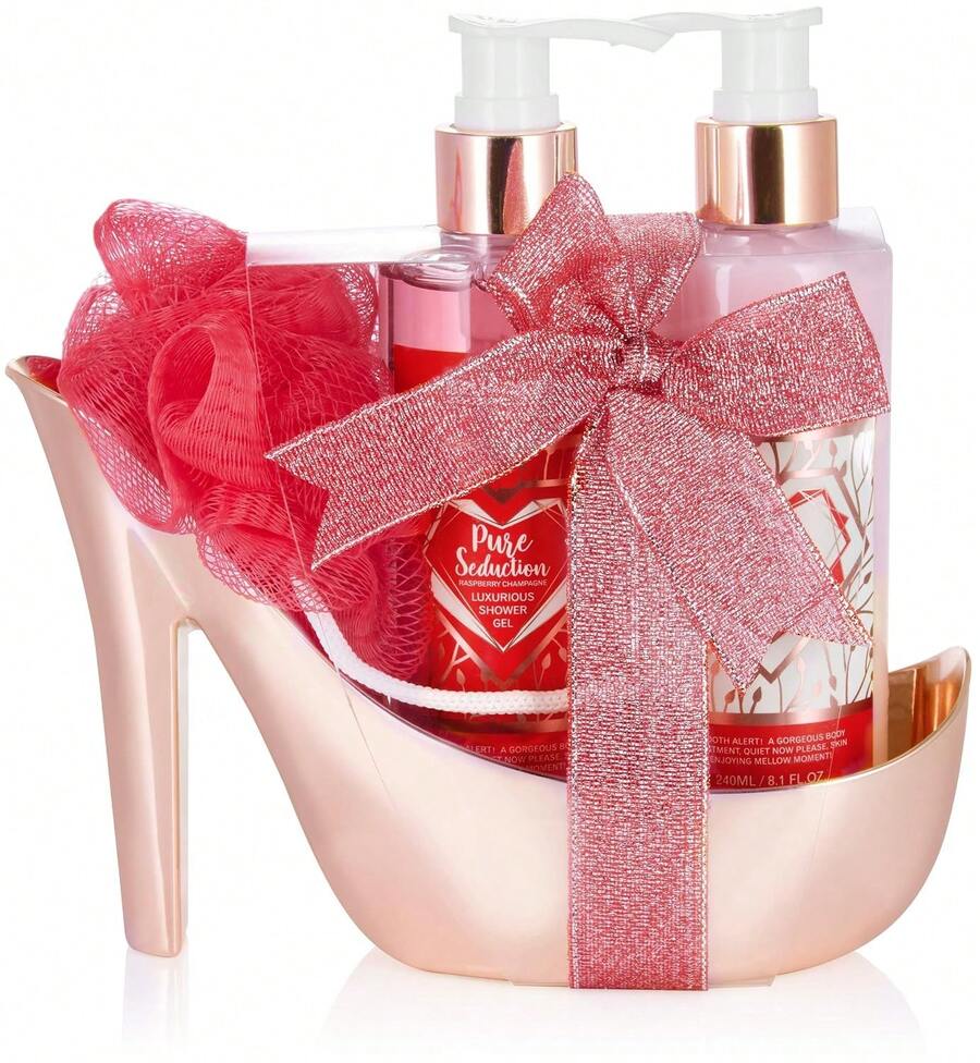 Kosmetik 4-teilig.Bade- und Dusch Set Himbeere Champagner| Pflegeset Geschenkset in High Heel Rosé Gold - 1 - Übersicht 1