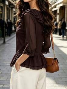 Women's Elegant Vintage Ruffle Trim V-Neck Front Tie Sheer Chiffon Bell Sleeve Blouse - Brown - View 3