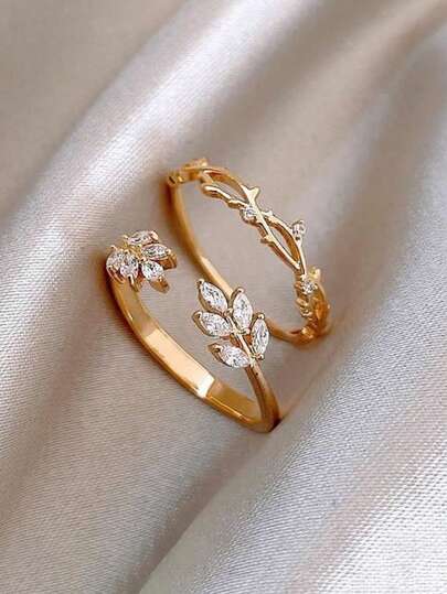 2pcs Vintage Leaf & Vine Open Ring Set, Minimalist Style, Versatile, Personalized, Adjustable Finger Rings For Women
