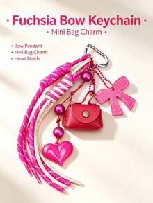 Color‑Block Woven Tassel Keychain, Mini PU Pouch Bag Charm With Heart & Bow Pendant, Aesthetic Bags Accessory Gift For Girls - Multicolor - View 3