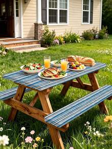 3 Pieces Picnic Tablecloth Set With Bench Cover, Elastic Edge Design, Striped Pattern, Washable Rectangular Tablecloth, Suitable For Weddings, Camping, Picnics, Garden Parties And More, Practical Essential - A - View 1