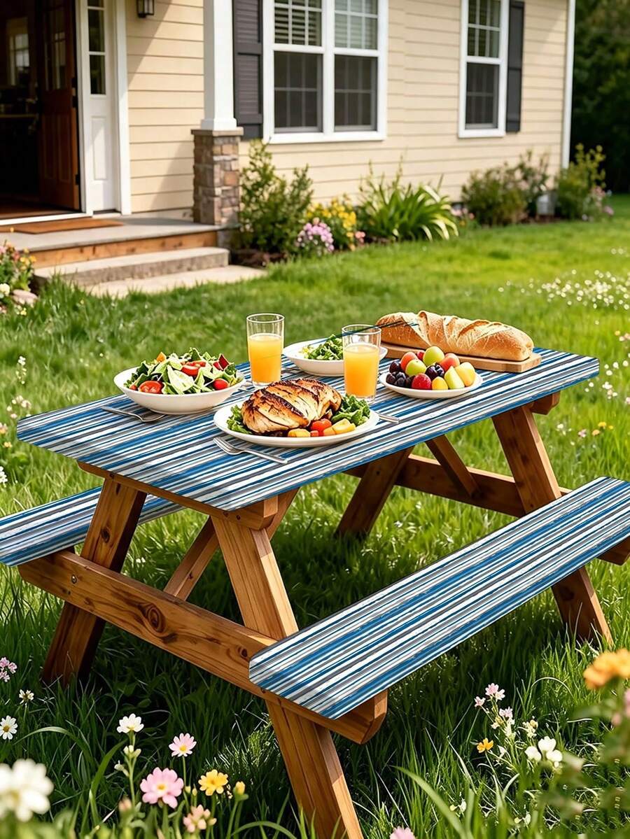 3 Pieces Picnic Tablecloth Set With Bench Cover, Elastic Edge Design, Striped Pattern, Washable Rectangular Tablecloth, Suitable For Weddings, Camping, Picnics, Garden Parties And More, Practical Essential - A - View 1