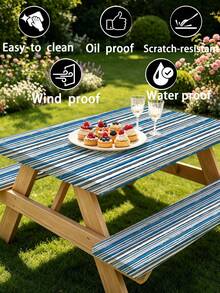 3 Pieces Picnic Tablecloth Set With Bench Cover, Elastic Edge Design, Striped Pattern, Washable Rectangular Tablecloth, Suitable For Weddings, Camping, Picnics, Garden Parties And More, Practical Essential - A - View 9