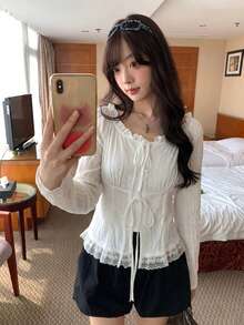 Sweet Style Lace Trim Tie-Front Long Sleeve Blouse, Chic Autumn Top For Women - White - View 4