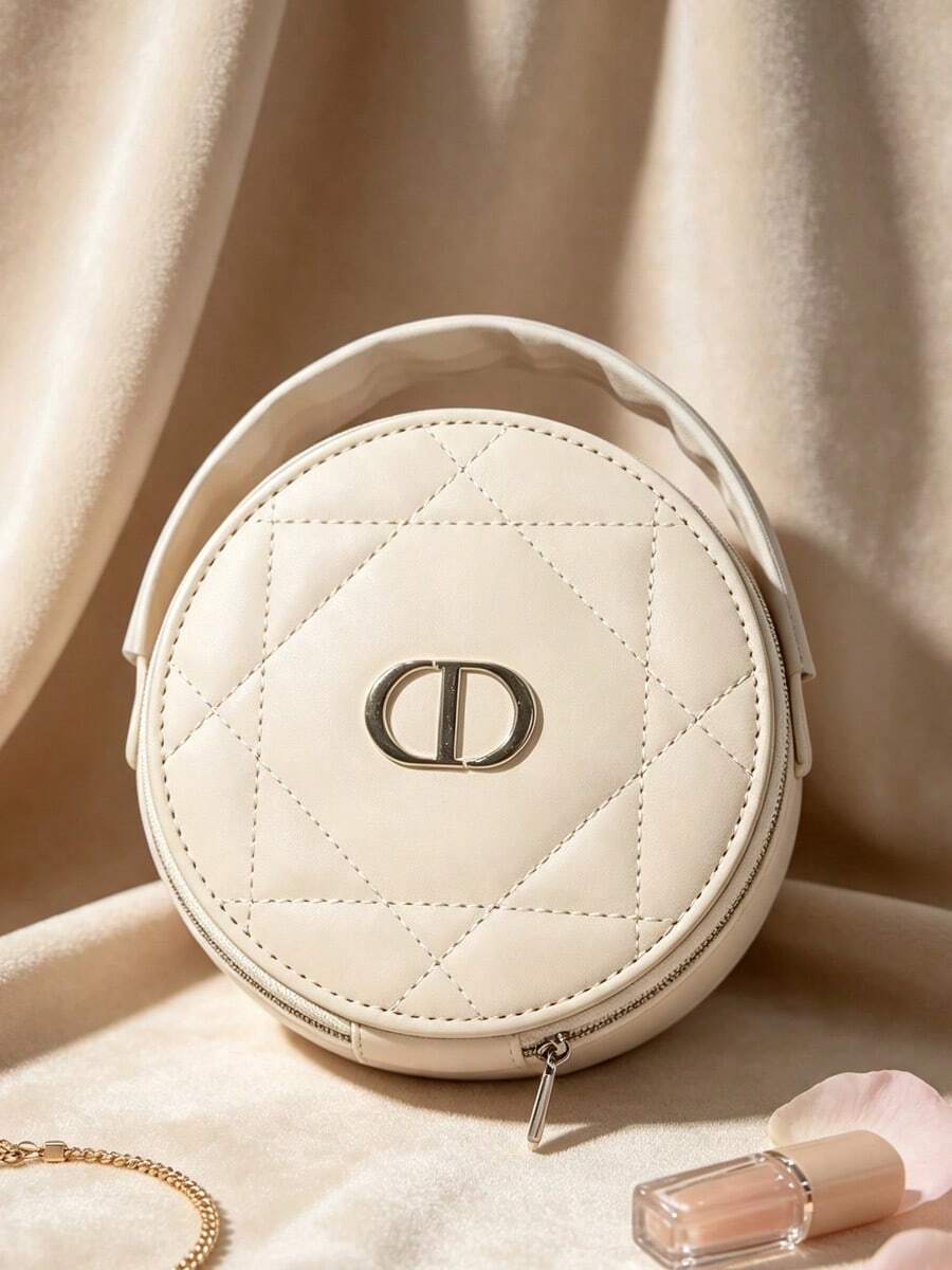 Dior Quilted Round Cosmetic Bag With Metal Logo Zipper Closure, Portable Travel Makeup Storage Bag With Top Handle, Women's Beauty Storage Gift