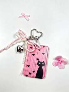 1 buah Tempat Kartu dengan Gesper Hati Pita Mutiara, Motif Beruang Hati dan Kucing Hitam Warna Pink, Casing Pelindung Keras untuk Kartu Pelajar, Kartu Makan, Kartu Akses, Kartu Bus, Gantungan Kunci, Cocok untuk Penggunaan Sehari-hari Pekerja Kantoran dan Pelajar - Rectangle - View 11