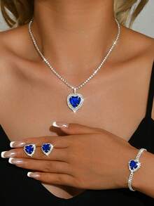 Baolan Love Rhinestone Jewelry Set, Deep And Eye-Catching, Suitable For Dinner Parties, Themed Dances, Anniversary Parties - Silver Blue Jewelry Set - View 3