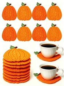 1/4/8pcs Handmade Crochet Pumpkin Coasters, Autumn Harvest Table Decor, Cute Knitted Orange Pumpkin Drink Coasters Set, Heat-Resistant Coaster Rugs, Rustic Style Thanksgiving Halloween Home Decor Kit, Holiday Tabletop Decoration, Housewarming Gift - Multicolor - View 1