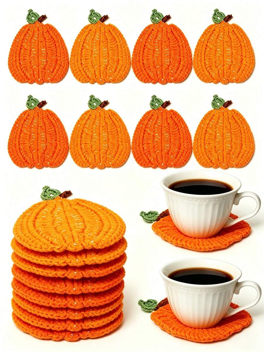 1/4/8pcs Handmade Crochet Pumpkin Coasters, Autumn Harvest Table Decor, Cute Knitted Orange Pumpkin Drink Coasters Set, Heat-Resistant Coaster Rugs, Rustic Style Thanksgiving Halloween Home Decor Kit, Holiday Tabletop Decoration, Housewarming Gift - Multicolor - View 1