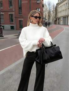 Plus Size Women's Elegant Faux Collar Knit Sweater, Long Sleeve Solid Color Drop Shoulder Pullover, Casual Street Style White - White - View 1