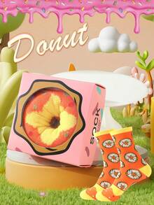 1 Pair Novelty Creative Fun Donut Shaped Mid-Calf Casual Socks, Gift For Men/Women, Imaginative Realistic Donut Design, Unique Gift Item, Suitable For Christmas/Halloween/Carnival/Back To School/Teacher's Day/Valentine's Day/Thanksgiving Gifts, Suitable For Home Relaxation/Office Daily/Short Vacation/Theme Party/Friends & Family Birthday/Wedding Favors/Family Gathering Gifts - Multicolor - View 2