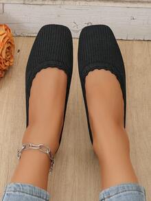 Black Minimalist Square Toe Knit Mesh Low Vamp Flat Slip-On Shoes For Women, Autumn New Classic Casual Exposed Instep Soft Woven Solid Color Commute Mesh Shoes - Black - View 6