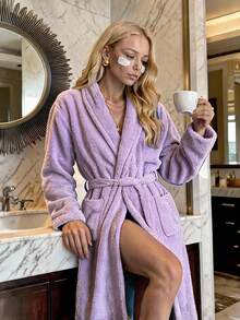 Bathrobe Soft Touch Contain Cotton Bathrobe For Women & Men - Made In Turkey, Lightweight, Absorbent, Comfortable Bath Robe - Lilac Purple - View 4