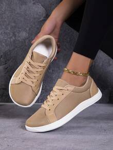 Women's Casual Sports Shoes, Solid Color Artificial PU Leather & Fabric Patchwork, Front Lace-Up, Suitable For Outdoor Sports, Casual, Versatile, Commuting - Beige - View 2