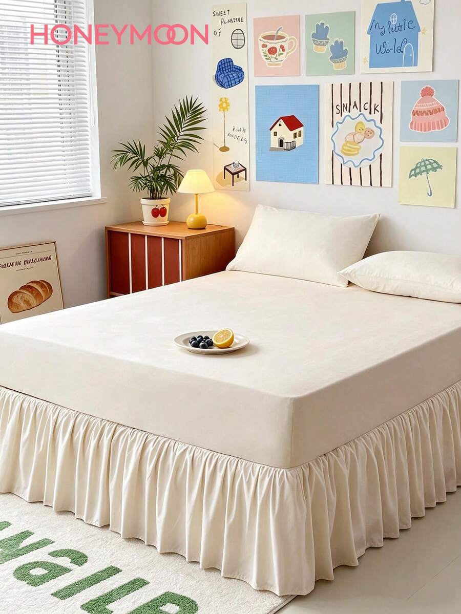 HONEYMOON 1pc Basic Lightweight Ruffle Bed Skirt, Classic Style, Soft & Fashionable, 100% Microfiber Material, 16 Inch Drop, Suitable For Home Bedding, School Dorm, Back To School Essential, Beige - Beige - View 1