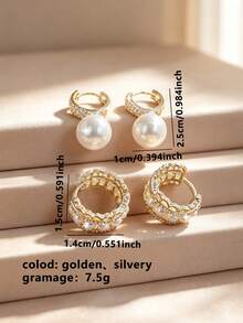 4pcs/Set Luxury Elegant Copper Inlaid Zirconia Water Drop Pendant Earrings, Elegant Pearl Geometric Round Ear Studs, Party Date Gift - Multicolor - View 2