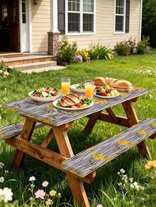 3 PiecesPicnic Tablecloth Set With Bench Cover, Elastic Edge Design, Line & Floral Pattern, Matching Floral Pattern, Washable Rectangular Tablecloth, Suitable For Weddings, Camping, Picnics, Garden Parties And More, Practical Essential - C - View 5
