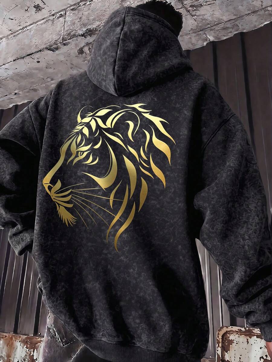 Men's American Vintage Gold Tiger Head Print Washed Distressed Hoodie - Black - View 1
