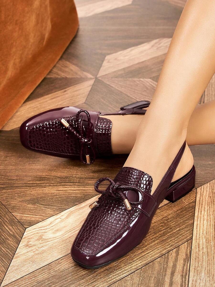 Women's Fashion Round Toe Bow Slingback Flat Shoes, Low Chunky Heel Comfortable Burgundy Backless Pumps For Commute, Party, Holiday, Vacation - Burgundy - View 1