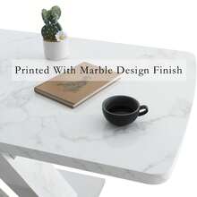120CM-160CM Modern Rectangle Dining Table, Stretchable, With Printed White Marble Table Top+MDF X-Shape Table Leg With Metal Base - 白色 - 查看 16