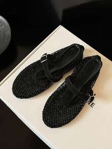 Women's Square Toe Mesh Rhinestone Slip-On Flat Mary Jane Ballet Shoes Crystal Grid Party Wedding Summer Sandals - Black - View 10