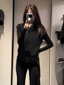 Asymmetrical Neckline Button Cable Knit Vest - Black - View 3