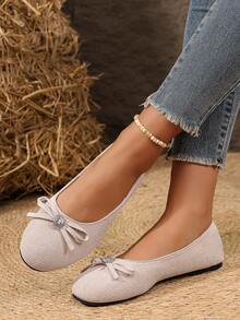 Women's Flat Slip-On Shoes With Rhinestone Square Buckle, Soft Sole, Anti-Slip, Round Toe, Versatile For All Seasons - Beige - View 4