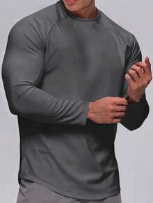 Men's Running Sports Raglan Oval Cut Long Sleeve Cotton Combed T-Shirt - Dark Grey - View 3