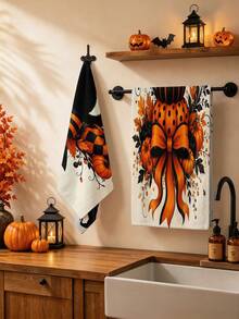 2PCS Halloween Kitchen Dish Towel, Black Cat With Pumpkin & Stripe Bow Print Hand Towel, Fall Autumn Spooky Decor Towel For Kitchen Bathroom Halloween Home Party Decoration - A - View 1