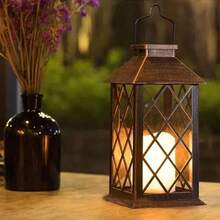 1pc Vintage Metal Lantern, Bronze Hollow Lattice Wind Lantern With Handle, Flameless Candle Holder, Home Yard Wedding Party Tabletop Decor - Large Lantern - View 3