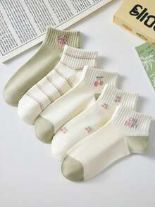 5 Pasang Kaos Kaki Wanita Motif Garis-Garis Ceri Acak, Kaos Kaki Pendek Motif Buah Segar, Kaos Kaki Pendek yang Lucu dan Manis - MultiWarna - View 4