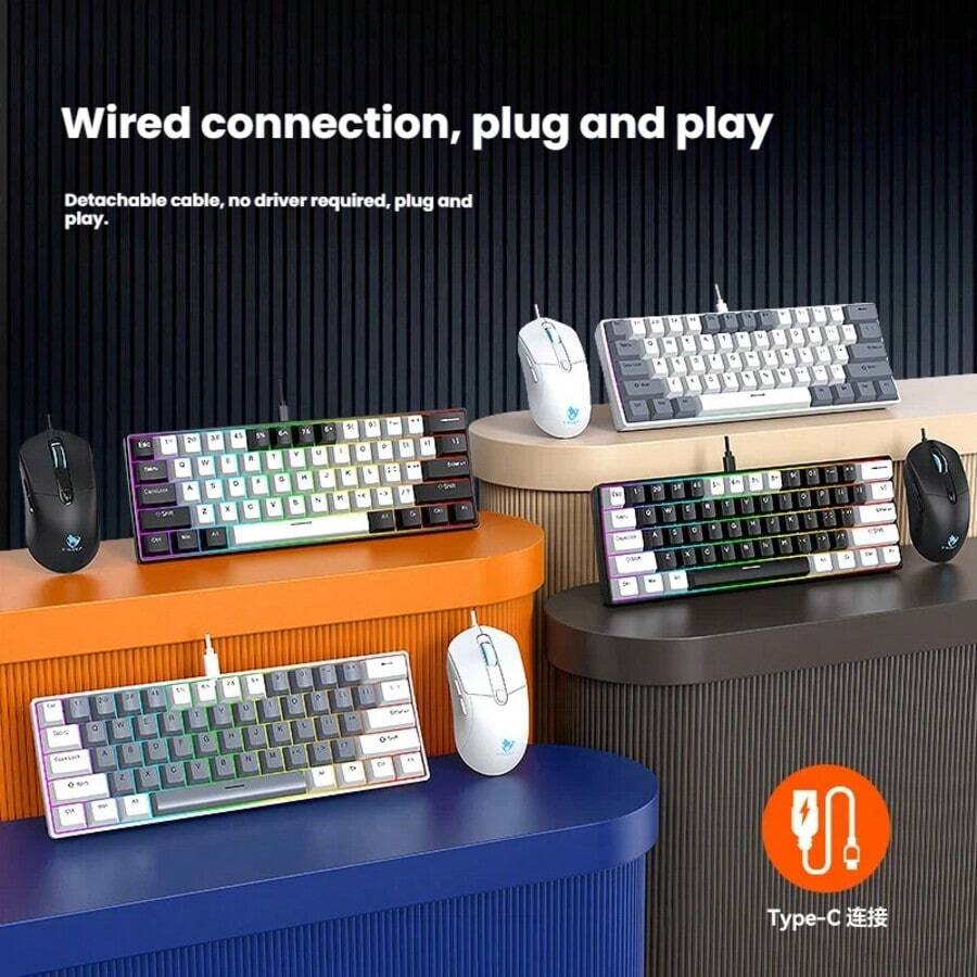T-WOLF 61-Key Mechanical Keyboard With Red Switches, 21-Key Anti-Ghosting Numpad, Customizable Black & White Dual-Tone Keyboard And Mouse Set, 6-Button Wired Illuminated Mouse - View 1