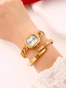 REBIRTH 2pcs Set Fashionable Minimalist Bracelet And Watch, Casual Versatile Daily Wear Accessory Set - Gold - View 2