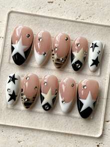 10pcs Autumn/Winter Y2K Star Rhinestone Press-On Nails, Almond Shape Reusable Handmade Fake Nails, Black White Star Leopard Print Nude Base With White French Tip Crystal Rhinestone Design, Ins Cool Girl Manicure, Suitable For Daily, Party, Date, Holiday - Black and White - View 2
