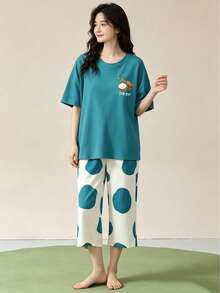 AICJ Conjunto de 2 Peças Feminino para Jovens, Top Rosa Casual Minimalista com Estampa Fofa de Gato Cartoon & Letra, Calça/Shorts/Calça de Pijama 3/4, Primavera Verão, Roupa de Casa, Festa, Férias, Roupa de Dormir e Loungewear - Azul - Visão 5