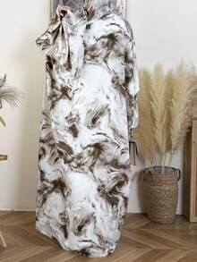 Ink Painting Long Robe Jacket With Headscarf, Minimalist Vacation Style (Includes Headscarf) - Brown - View 5