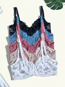5pcs Set Artistic Floral Print Underwire Bra, Large Bust Minimizing, Side-Boob Smoothing, Push-Up, Plus Size Women's Lingerie With Patchwork Hollow Lace Trim - Multicolor - View 2