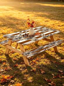 Juego de 3 piezas de mantel para picnic con cubierta de banco, diseño de borde elástico, patrón de líneas florales, mantel rectangular lavable, adecuado para bodas, camping, picnics, fiestas en el jardín y talla grande, esencial práctico - E - Ver 10