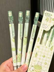 4pcs, Fruit Grape Cat Print Automatic Pencils, Pink Strawberry Cat Click Pencils, Summer Grape Print No-Sharpening Pencils, 0.5mm Lead - Grape - View 4