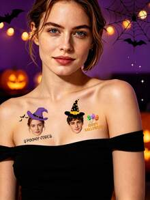 12-300pcs Custom Photo Temporary Tattoo, Personalized Halloween Portrait Fake Tattoo, Spooky Witch Spider Web Style, Customized Face Tattoo Sticker, Customizable Picture Design, Halloween Party Favor, Costume Party Accessory, Unique Holiday Gift - Rust - View 5