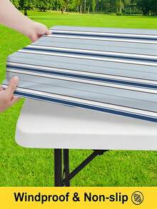 3 Pieces Picnic Tablecloth Set With Bench Cover, Elastic Edge Design, Striped Pattern, Washable Rectangular Tablecloth, Suitable For Weddings, Camping, Picnics, Garden Parties And More, Practical Essential - B - View 7