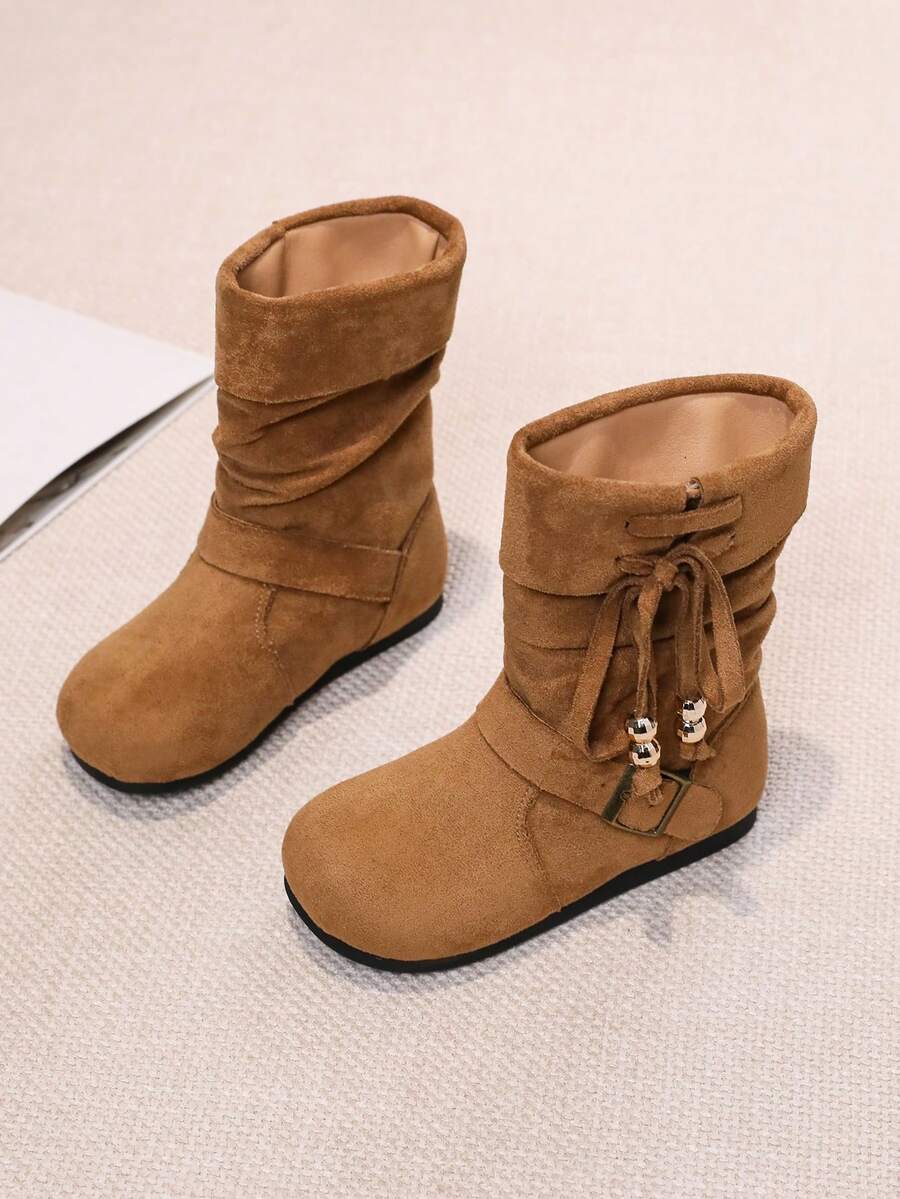 Girls' Mid-Calf Fashion Ruched Boots, Student Boots - Brown - View 1