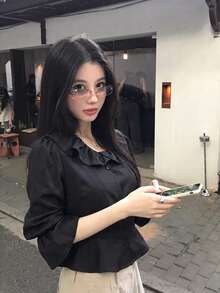 Autumn Elegant Solid Color Ruffle Trim Blouse Black - Black - View 2