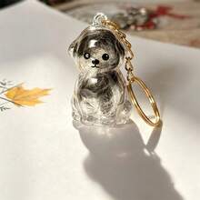 Desktop Photo Frame With Cute Cartoon Animal Accessories, Pet Memorial Photo Frame With Hanging Keychain, Cat & Dog Photo Double-Layer Desktop Display Stand, Transparent Resin Pet Keychain, Embedded Real Hair Cat & Dog Pendant, Cute Dog 3D Building Block Pendant, Creative Pet Memorial Accessory - Brown + With Charm - View 3