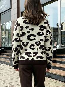 Women's Plus Size Leopard Print Knit Cardigan, V-Neck Long Sleeve Button-Up Regular Fit Autumn Fashion Top - Multicolor - View 5