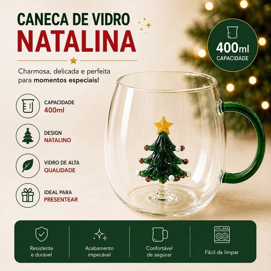 Caneca de Vidro Natalina 400ml com Árvore de Natal 3D com Alça Decorativa para Café, Chá e Presente de Natal