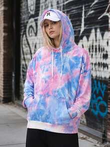 Women's Tie-Dye Loose Fit Hooded Sweatshirt, Casual Long Sleeve Drawstring Sweatshirt With Kangaroo Pocket - Pink - View 5