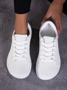 Women's Casual Sports Shoes With Artificial PU Leather And Fabric Patchwork, Solid Color, Suitable For Outdoor Sports, Commuting And Leisure, Lightweight - White - View 6