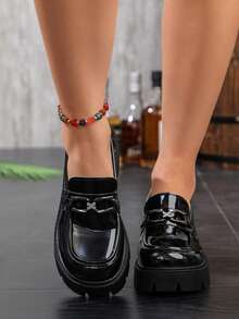 Women's Wedge Heel Thick Sole Slip-On Loafers, Business Punk Pure Metal Decor, Office Wear - Black - View 3